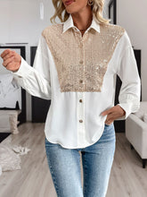 Load image into Gallery viewer, Perfee Sequin Contrast Collared Neck Long Sleeve Shirt