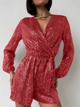 Load image into Gallery viewer, Full Size Sequin Surplice Tie Waist Long Sleeve Romper