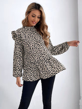 Load image into Gallery viewer, Ruffled Leopard Mock Neck Long Sleeve Blouse
