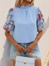 Load image into Gallery viewer, Embroidered Mock Neck Puff Sleeve Blouse