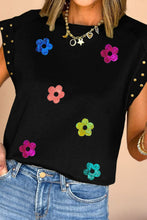 Load image into Gallery viewer, Studded Flower Round Neck Cap Sleeve Blouse