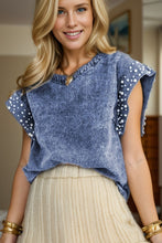 Load image into Gallery viewer, Pearl Trim Round Neck Cap Sleeve Denim Top
