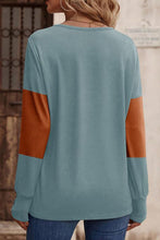 Load image into Gallery viewer, Decorative Button Contrast V-Neck Long Sleeve T-Shirt