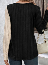 Load image into Gallery viewer, Decorative Button Contrast Round Neck Long Sleeve T-Shirt