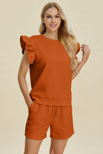 Load image into Gallery viewer, Double Take Full Size Texture Round Neck Ruffle Sleeve Top and Shorts Set