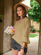 Load image into Gallery viewer, Plus Size Lace Detail V-Neck Flounce Sleeve Blouse
