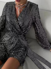 Load image into Gallery viewer, Full Size Sequin Surplice Tie Waist Long Sleeve Romper