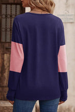 Load image into Gallery viewer, Decorative Button Contrast V-Neck Long Sleeve T-Shirt
