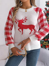 Load image into Gallery viewer, Reindeer Plaid Round Neck Long Sleeve Sweater