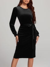 Load image into Gallery viewer, Round Neck Tie Waist Long Sleeve Velvet Dress