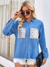 Load image into Gallery viewer, Raw Hem Button Up Long Sleeve Denim Jacket with Sequin Pockets