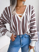 Load image into Gallery viewer, Striped Lace-Up Long Sleeve Sweater