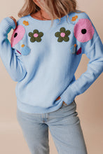 Load image into Gallery viewer, Crochet Flower Round Neck Dropped Shoulder Sweater