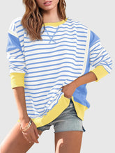 Load image into Gallery viewer, Slit Exposed Seam Striped Long Sleeve Sweatshirt