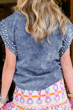Load image into Gallery viewer, Pearl Trim Round Neck Cap Sleeve Denim Top