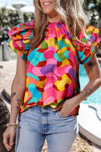 Load image into Gallery viewer, Ruffled Printed Mock Neck Cap Sleeve Blouse