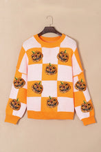 Load image into Gallery viewer, Pumpkin Checkered Round Neck Long Sleeve Sweater