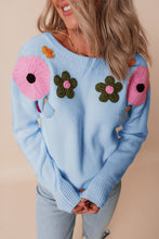 Load image into Gallery viewer, Crochet Flower Round Neck Dropped Shoulder Sweater