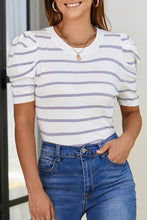 Load image into Gallery viewer, Striped Round Neck Puff Sleeve Knit Top