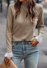 Load image into Gallery viewer, Lace Detail Round Neck Long Sleeve T-Shirt
