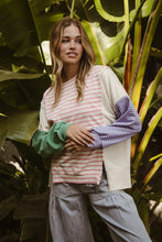 Load image into Gallery viewer, BiBi Exposed Seam Slit Striped Round Neck T-Shirt