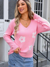 Load image into Gallery viewer, Flower V-Neck Long Sleeve Sweater