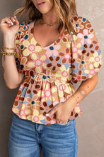 Load image into Gallery viewer, Smocked Printed V-Neck Half Sleeve Blouse