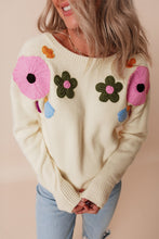 Load image into Gallery viewer, Crochet Flower Round Neck Dropped Shoulder Sweater