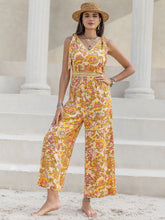 Load image into Gallery viewer, Printed V-Neck Tie Shoulder Jumpsuit