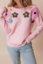 Load image into Gallery viewer, Crochet Flower Round Neck Dropped Shoulder Sweater