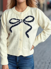 Load image into Gallery viewer, Bow Button Down Round Neck Cardigan