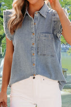 Load image into Gallery viewer, Raw Hem Button Up Cap Sleeve Denim Top