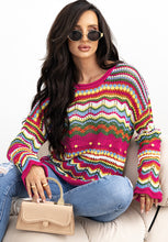 Load image into Gallery viewer, Openwork Contrast Round Neck Flare Sleeve Knit Top