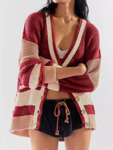 Load image into Gallery viewer, Pocketed Contrast V-Neck Long Sleeve Cardigan