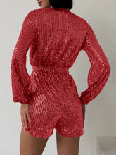 Load image into Gallery viewer, Full Size Sequin Surplice Tie Waist Long Sleeve Romper