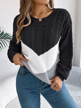 Load image into Gallery viewer, Cable-Knit Color Block Round Neck Sweater