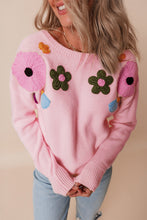 Load image into Gallery viewer, Crochet Flower Round Neck Dropped Shoulder Sweater
