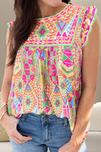 Load image into Gallery viewer, Ruffled Printed Round Neck Cap Sleeve Blouse