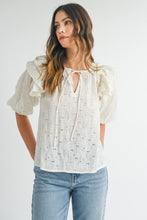 Load image into Gallery viewer, MABLE Eyelet Lace Ruffle Shoulder Puff Sleeve Blouse