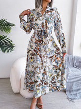 Load image into Gallery viewer, Tied Printed Long Sleeve Midi Dress