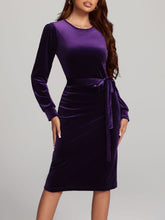 Load image into Gallery viewer, Round Neck Tie Waist Long Sleeve Velvet Dress