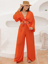 Load image into Gallery viewer, Plus Size Lace Detail Long Sleeve Top and Pants Set