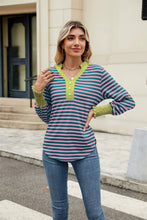 Load image into Gallery viewer, Contrast Striped Notched Long Sleeve Top