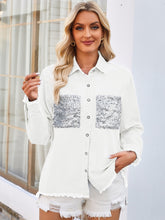 Load image into Gallery viewer, Raw Hem Button Up Long Sleeve Denim Jacket with Sequin Pockets