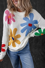 Load image into Gallery viewer, Flower Round Neck Dropped Shoulder Sweater