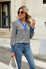 Load image into Gallery viewer, Contrast Striped Notched Long Sleeve Top