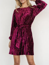 Load image into Gallery viewer, Velvet Round Neck Tie Waist Long Sleeve Mini Dress