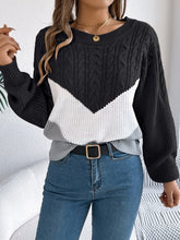Load image into Gallery viewer, Cable-Knit Color Block Round Neck Sweater