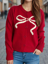 Load image into Gallery viewer, Bow Button Down Round Neck Cardigan
