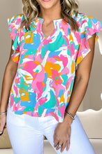 Load image into Gallery viewer, Ruffled Printed Notched Cap Sleeve Blouse